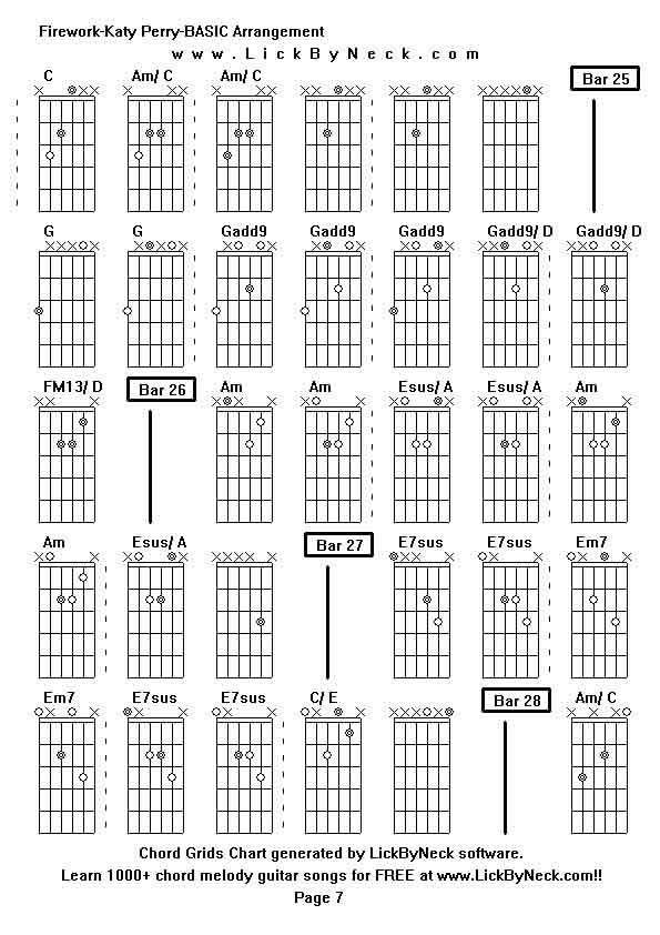 Chord Grids Chart of chord melody fingerstyle guitar song-Firework-Katy Perry-BASIC Arrangement,generated by LickByNeck software.